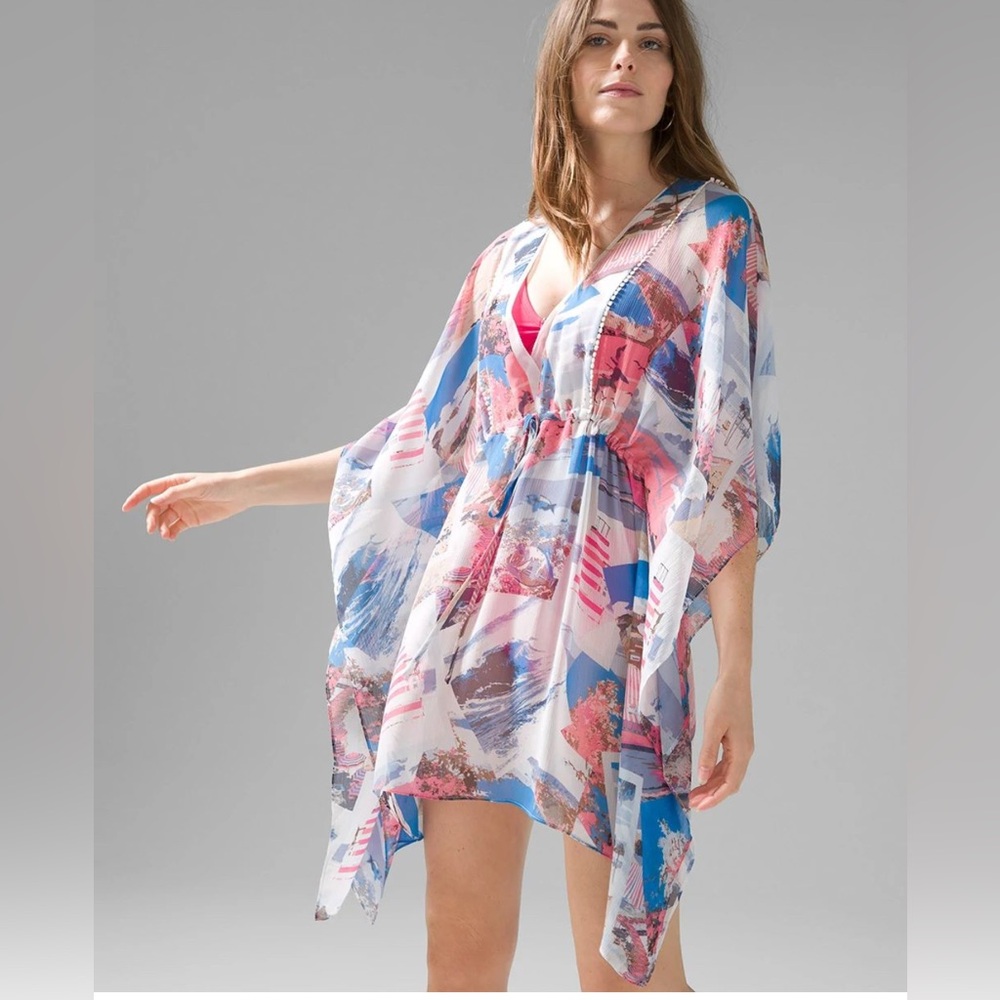 White House Black Market Caftan Beach Coastal Ocean Cover Up Swim Tie Kimono O/S